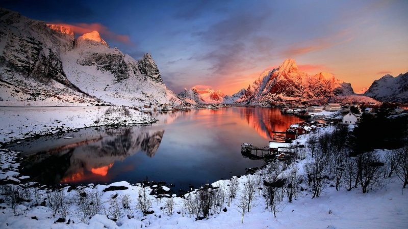 lofoten, sky, nature, reflection, snow, norway, winter, fishing village, reinefjord, sunrise, dawn, fjord, 1080P, water, mountain, village, morning, reine