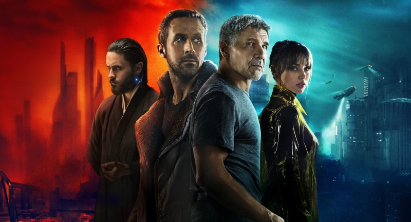 three, painting, background, Blade Runner 2049, woman, 8K, man, blue, Ana de Armas, 8K, Harrison Ford, 4K, red, Ryan Gosling, Jared Leto