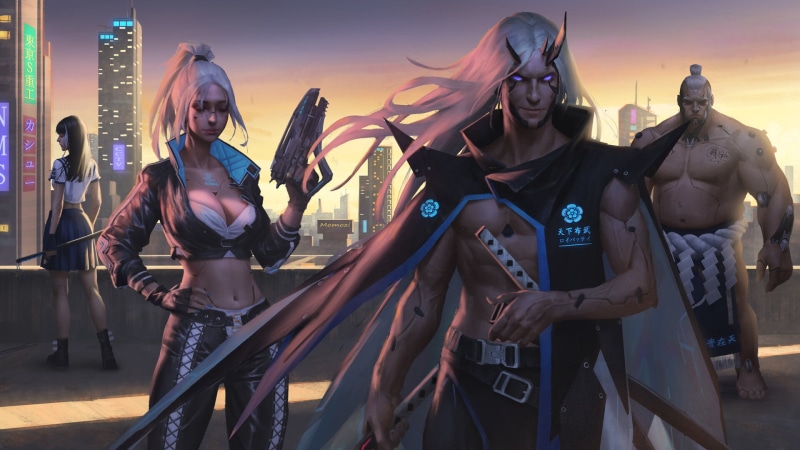 cape, weapon, rooftops, glowing eyes, leather, gun, Blade Runner, androids, men, long hair, cyberpunk, blue eyes, Yuhong Ding, ponytail, katana, drawing