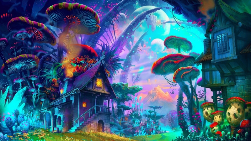 plants, drawing, nature, mushroom, 1080P, mountains, house, planet, psychedelic, colorful, fantasy art