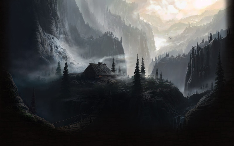 scenics - nature, landscape, tranquility, beauty in nature, mountains, mist, black, sky, house, trees, surrounded, cold temperature, winter, fantasy art