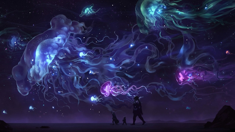 illustration, backgrounds, science, nature, silhouette, jelly, space, stars, motion, fantasy art, adventurers, sky, light - Natural Phenomenon, black, galaxy