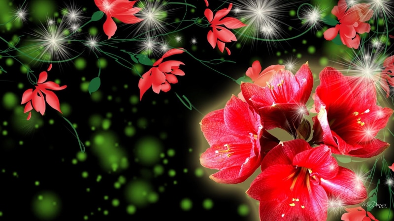 stars, spring, red, illustration, bright, flowers, glow, black, vines, sparkle, green, 3d and abstract, floral, summer, dark, 1080P, green glow