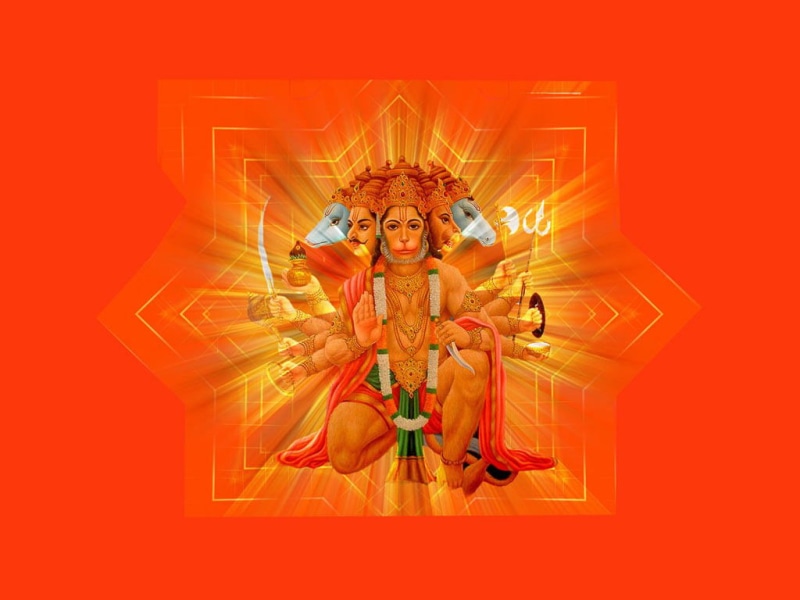 indoors, orange color, God, clothing, portrait, panchmukhi, Lord Hanuman, spirituality, mid adult, hanuman, looking at camera, digital composite, standing