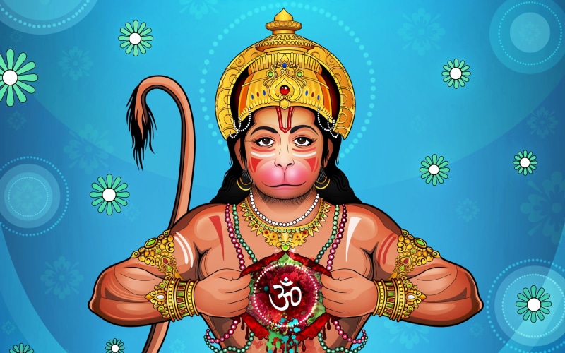 Lord Hanuman, illustration, front view, indoors, floral pattern, hanuman, one person, animated, God, k, creativity, art and craft, ornate, human representation