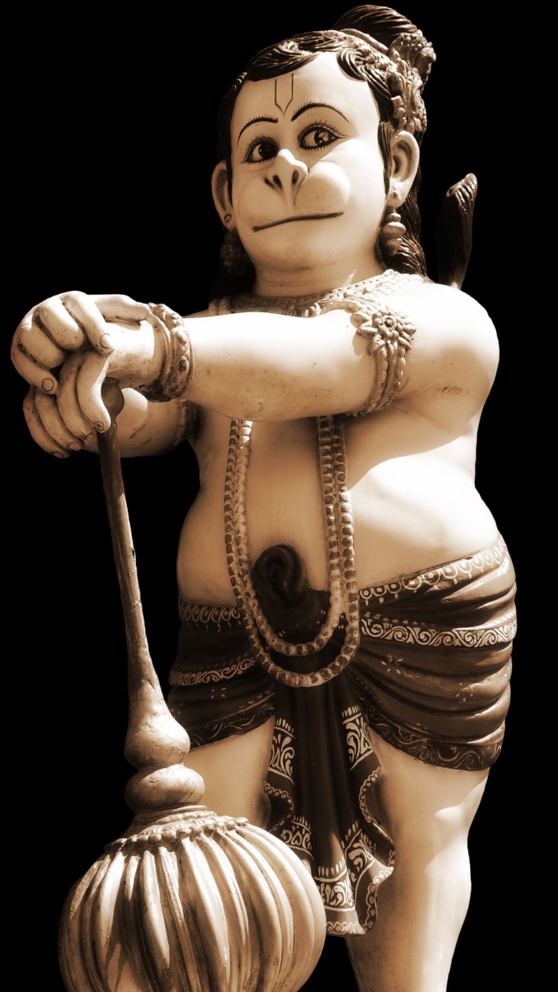 Lord Hanuman, black background, clothing, God, close-up, indoors, statue, bal, studio shot, spirituality, sculpture, human representation, hanuman, gold colored