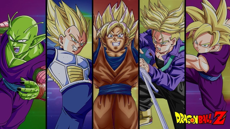 day, purple, sculpture, male likeness, indoors, three quarter length, graffiti, Super Saiyan, illustration, 720P, z, Gohan, Piccolo, one person, Son Goku