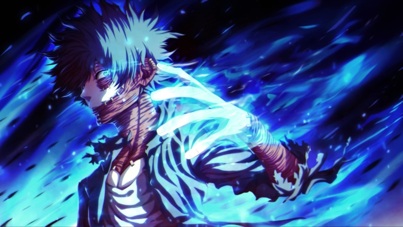 Boku no hero, black hair, blue flames, anime boys, Boku no Hero Academia, turquoise eyes, anime, 4K, Dabi