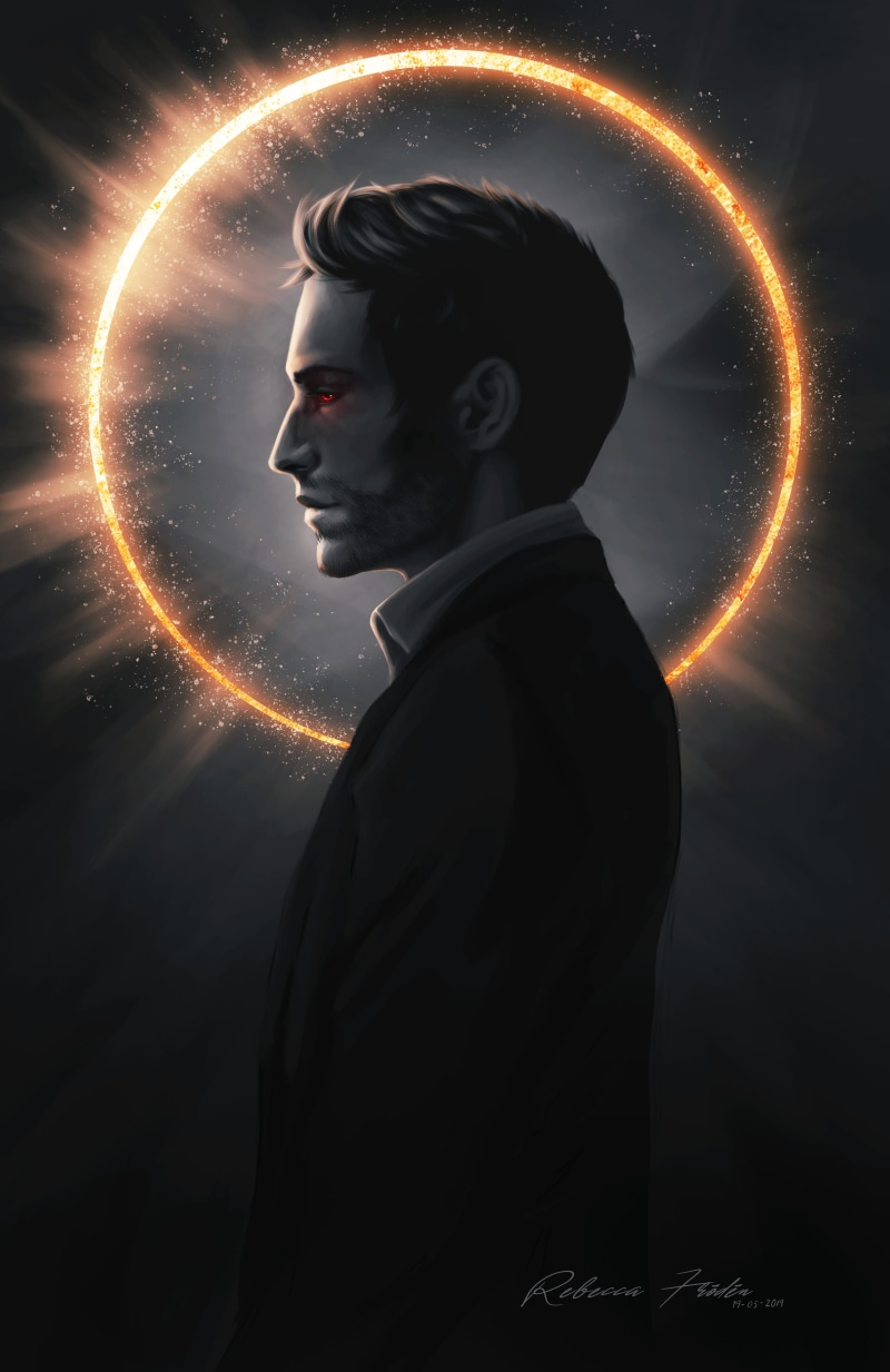 vertical, Lucifer Morningstar, Lucifer: TV Series, Rebecca Frödén, fan art, red eyes, artwork, 5K, Tom Ellis, digital art, glowing eyes, ArtStation, TV Series