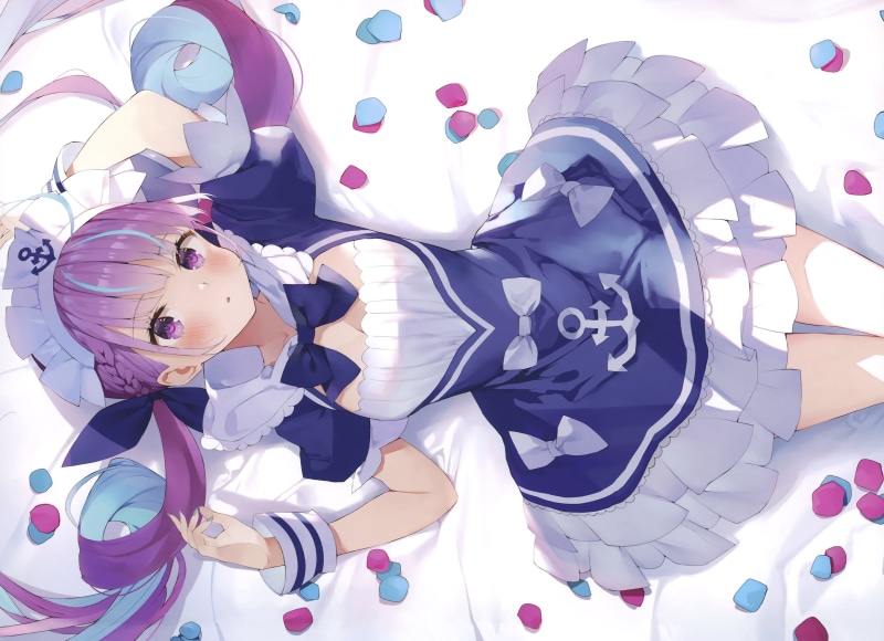 Minato Aqua, purple eyes, purple hair, twintails, blush, cleavage, headdress, 4K