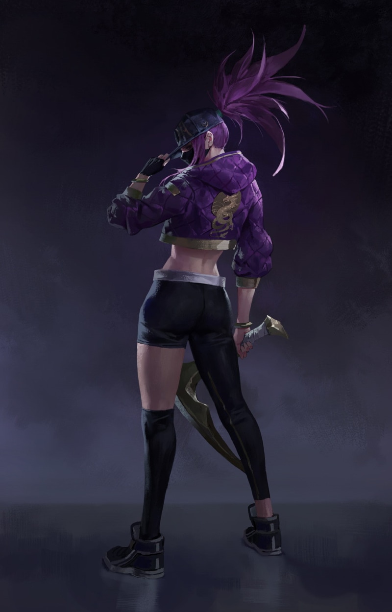 Akali, ponytail, artwork, Video Game Art, looking at viewer, Akali(League of Legends), 720P, fan art, baseball caps, looking over shoulder, video game girls