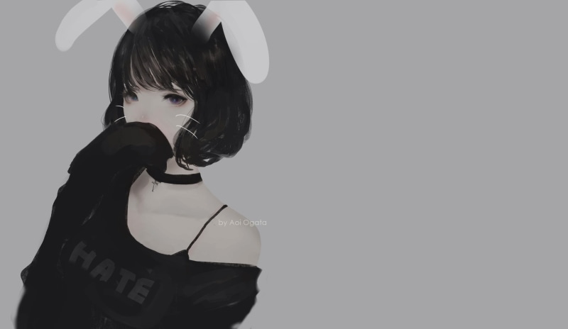 simple background, women, bunny ears, bare shoulders, Aoi Ogata, 1080P, short hair, hate-chan