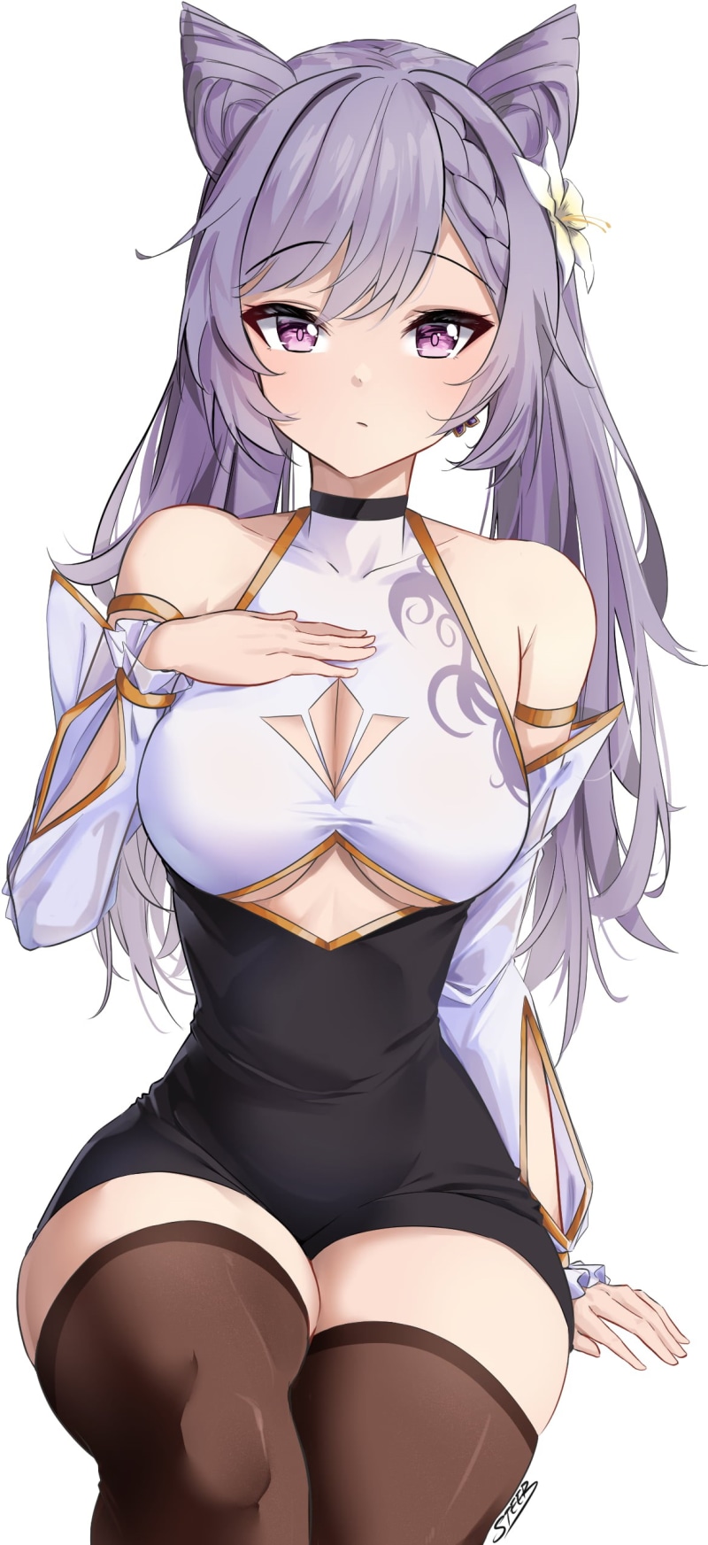 1080P, Genshin Impact, keqing (genshin impact), black stockings, hold-up stockings, Steeb, purple eyes, purple hair, anime girls