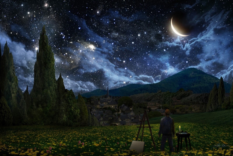 tranquility, view, land, beside, artwork, scenics - nature, mountain range, astronomy, moon, canvas, star - space, outdoors, space, Vincent van Gogh, 720P