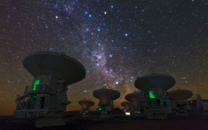 universe, Atacama Desert, built structure, science, long exposure, no people, technology, night, 1080P, astronomy, building exterior, landscape, illuminated