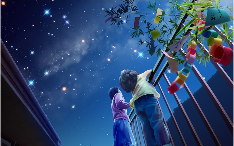 celebration, star - space, looking up, blue, outdoors, holding, balloon, tree, two, holiday, illustration, family, starry sky, staring, cheerful, love