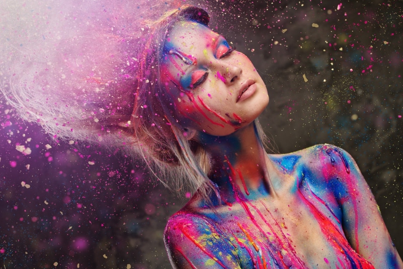 body paint, celebration, traditional festival, headshot, colorful, holi, hair, beautiful woman, paint splatter, portrait, paint, dust, multi colored, selective