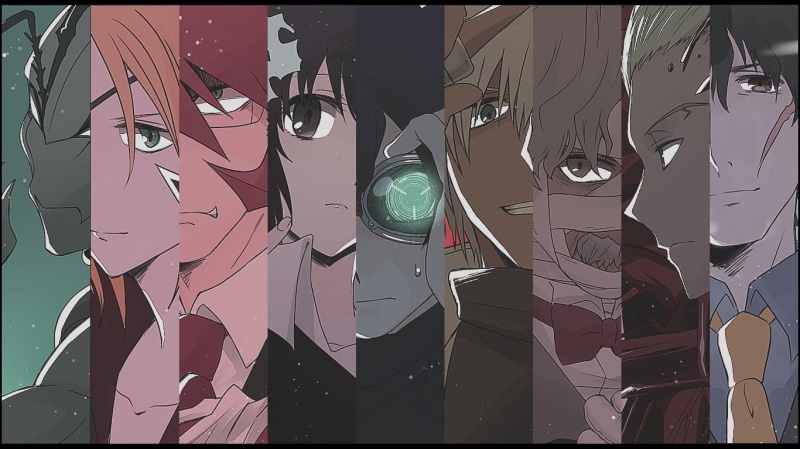 day, transfer print, 720P, large group of objects, Kekkai Sensen, outdoors, nature, art and craft, sky, anime, full frame, close-up, sunlight
