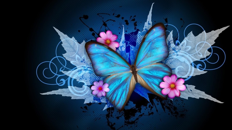 blue, digital art, fantasy art, 1080P, graphic design, graphics, dream, butterfly, flower