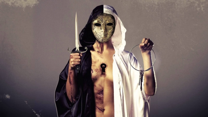 keys, spooky, indoors, Bring Me the Horizon, mask, evil, halloween, portrait, celebration, rock bands, holding, waist up, 1080P, real people