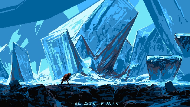 one person, beauty in nature, 2K, day, Noah Bradley, cold temperature, real people, sin, mountain range, pixels, ice, architecture, pixel art