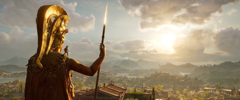 religion, Assassins Creed, city, sunset, built structure, history, cloud - sky, place of worship, gold colored, Spartans, 2K, sculpture, mountain, belief