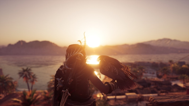 sunset, Kassandra, sunlight, leisure activity, water, waist up, Assassins Creed Odyssey, sun, arms raised, Ikaros, orange color, Assassins Creed, screen shot