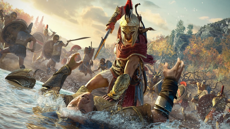 Odyssey, men, festival, statue, motion, 8K, battle, group of people, sculpture, cloud - sky, sky, water, Assassins, nature, Creed, day, s, people, Kassandra