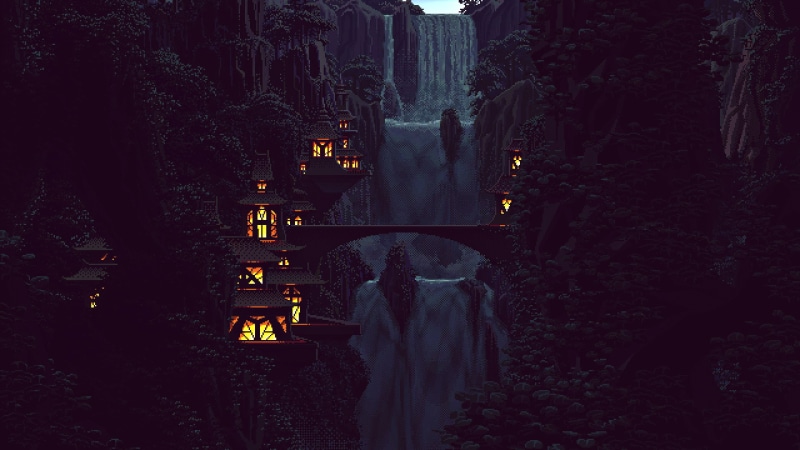 8-bit, forest, house, nature, pixel art, rock, 1080P, waterfall, hills, Chinese architecture, digital art, trees, mountains, lights, pixels