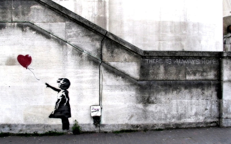 wall, Banksy, emotion, decor, one person, outdoors, urban, clothing, 720P, side view, uniform, building exterior, day, artwork, built structure, red, toddler