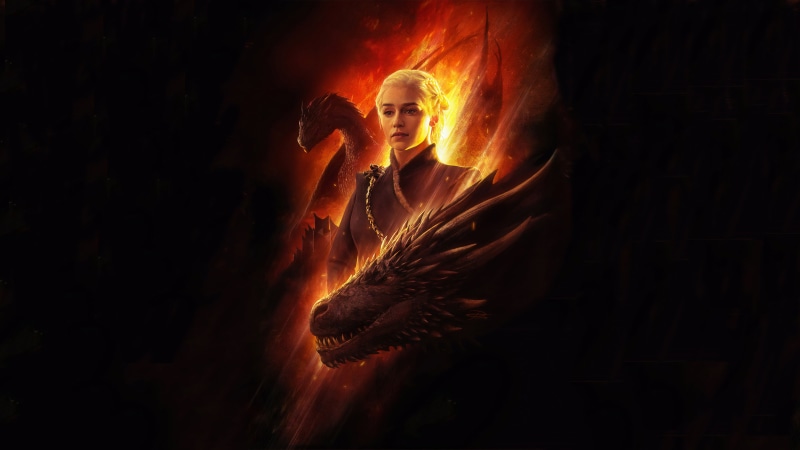 4K, women, fan art, dragon, Daenerys Targaryen, Emilia Clarke, Game of Thrones, fantasy art, fire, artwork