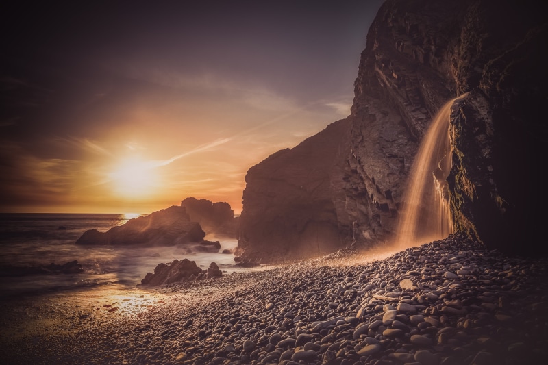beach, outdoors, rocky, bude, nature, cornwall, seashore, 5K, sea, waterfalls, coastline, coast, Sunset, landscape, rocky mountain, near, scenics, cliff