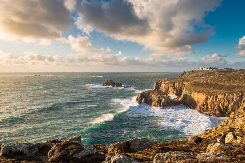 clouds, Lands End, rock - Object, scenics, sky, Cornwall, atlantic Ocean, white, nature, 5K, coastline, rock formation, brown, near, wave, England, sea