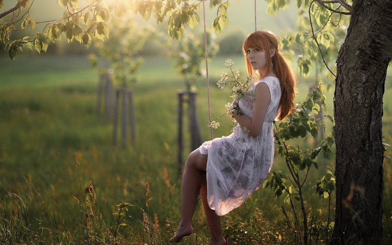 sunlight, nature, tree, outdoors, women, flowers, hairstyle, long hair, 1080P, field, s, women outdoors, swings, white, dress, adult, young women, redhead
