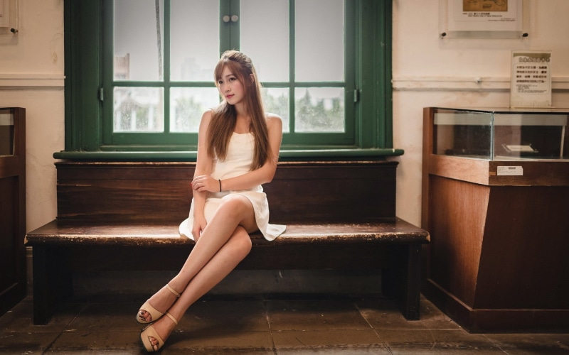 dress, beauty, heels, full length, indoors, real people, hairstyle, Asian, mini, model, long hair, sitting, s, beautiful woman, seat, young adult, fashion