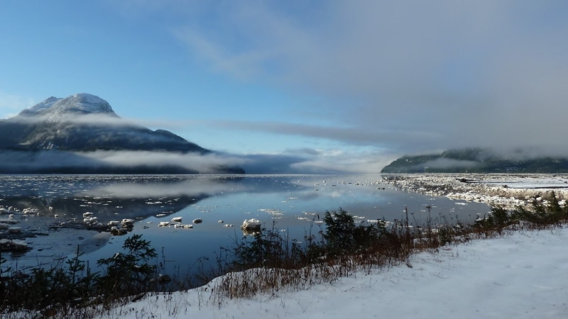 no people, rock, idyllic, mist, landscape, water, snow, outdoors, day, 1080P, sky, scenics - nature, winter, lake, environment, mountain, cold temperature