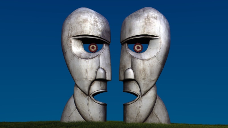 the division bell, gray, nature, metal, portrait, body part, man, anthropomorphic face, colored background, stone, blue, creativity, no people
