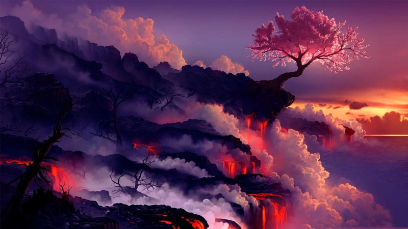 nature, purple, night, landscape, fantasy, cloud - sky, 1080P, dramatic sky, no people, pink tree, scenics - nature, sky, tranquil scene, outdoors, land
