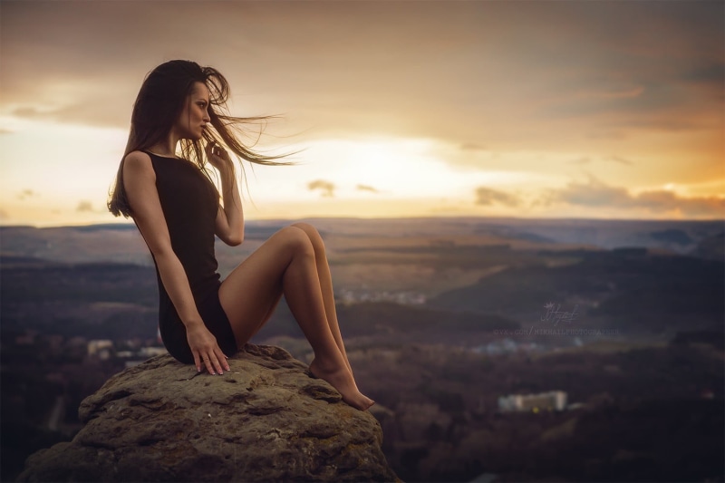 young adult, landscape, leisure activity, black dress, black, hair, lifestyles, hairstyle, sleeveless, s, beautiful woman, 720P, women, cloud - sky, rock