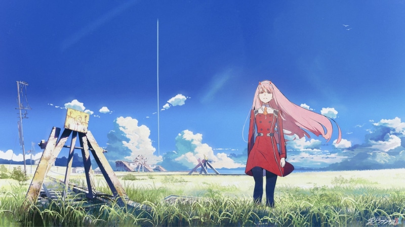 Darling in the FranXX, 1080P, sky, casual clothing, cloud - sky, plant, pink hair, blue, illustration, land, females, nature, grass, character, day, women