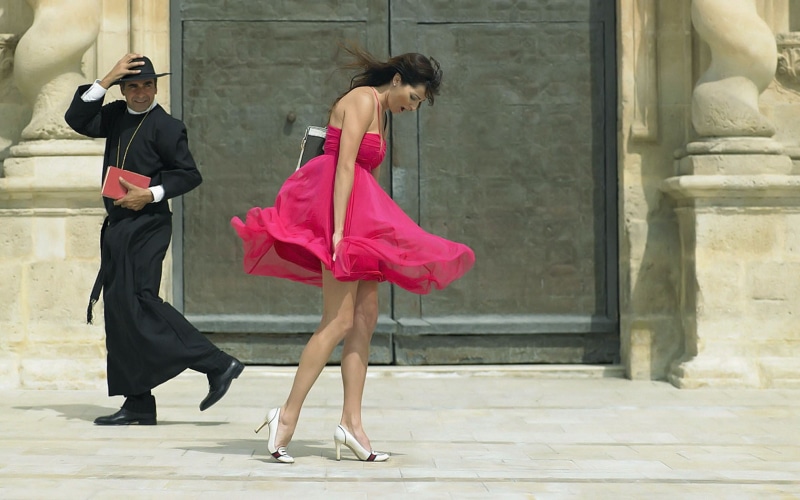 brunette, performer, pink dress, females, men, rear view, waltzing, summer, windy, dancer, books, pink, architectural column, dress, standing, 720P, young Adult