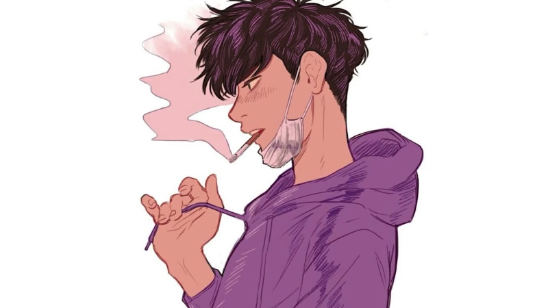 white background, leisure activity, casual clothing, women, 1080P, lifestyles, anime guy, young adult, waist up, smoking, cool, hoodie, hairstyle, anime art