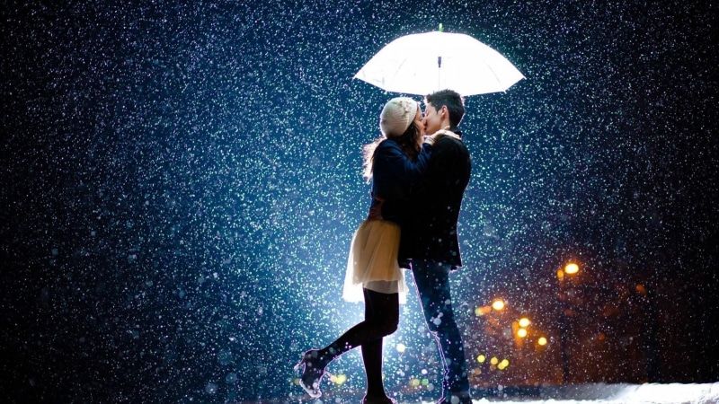 1080P, kissing, kiss, snowing, couple, snow, love, romantic