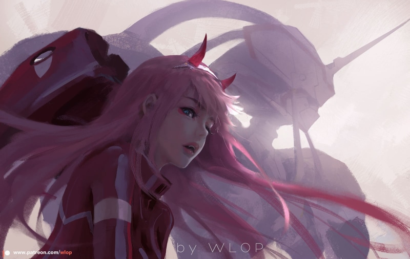 Zero Two (Darling in the FranXX), front view, Darling in the FranXX, 720P, art and craft, costume, anime girls, statue, outdoors, WLOP, representation