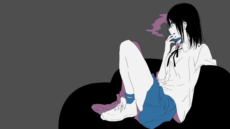 anime, schoolgirl, black hair, anime girls, 1080P, minimalism, simple background, glasses, manga, smoking, meganekko, gray