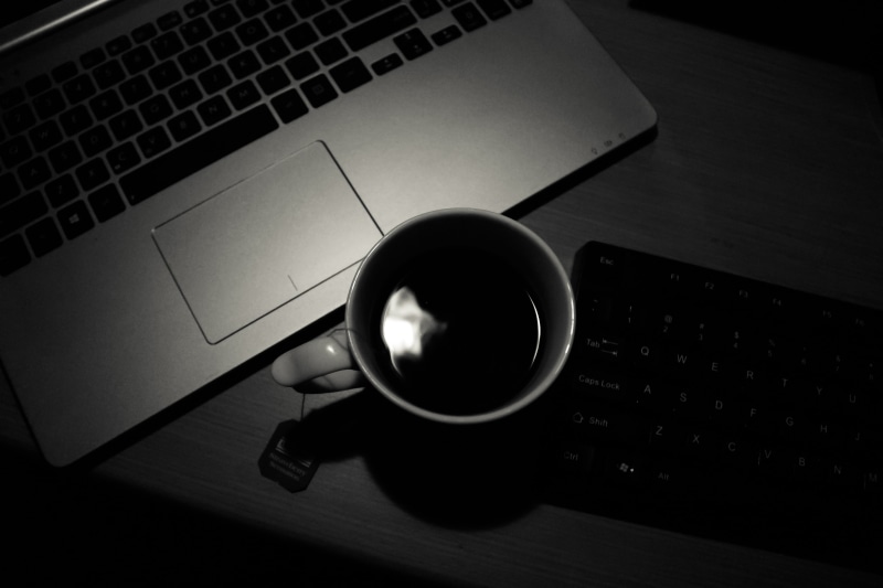 coffee, computer, computer Keyboard, food and drink, business, office, computer equipment, technology, furniture, mug, working, keyboard, filled, communication