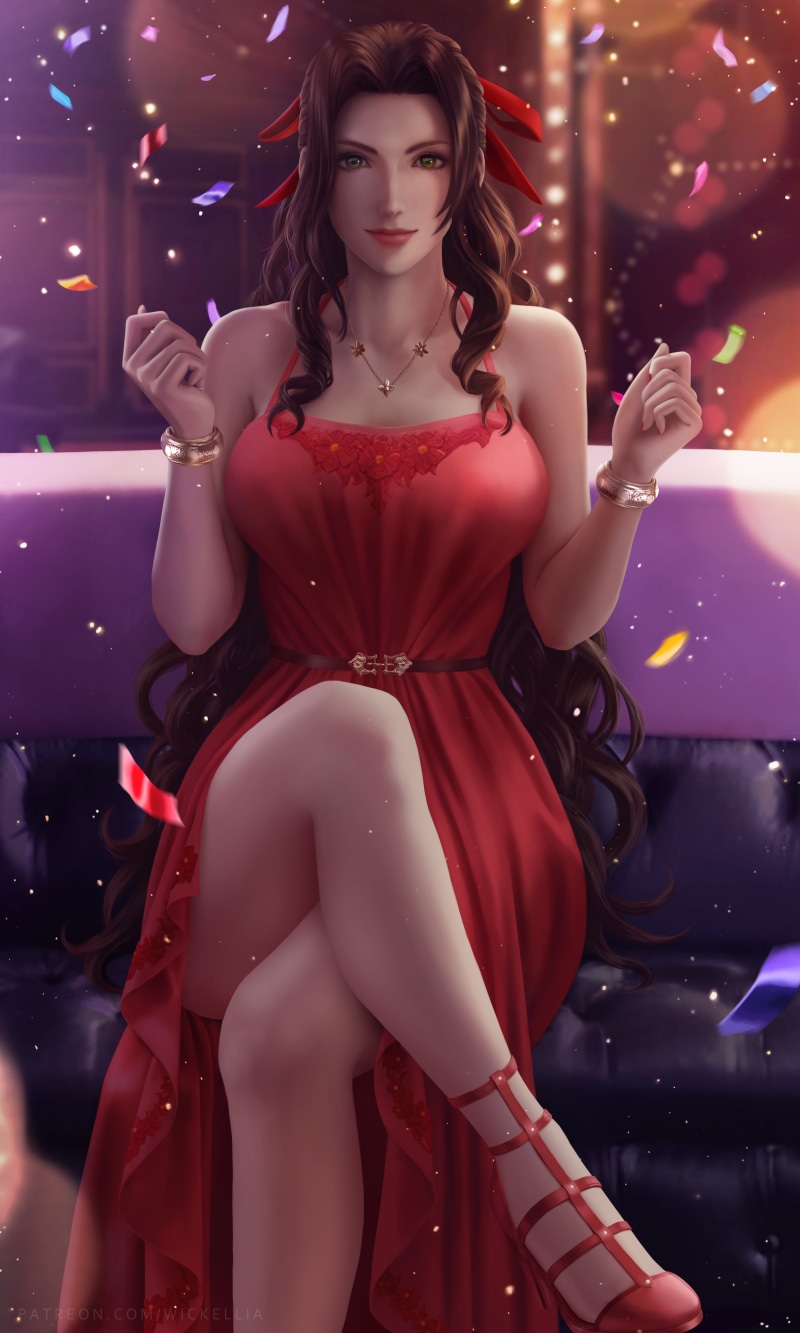 brunette, digital art, 5K, Final Fantasy, video games, Aerith Gainsborough, video game characters, video game girls, legs crossed, fantasy girl, artwork