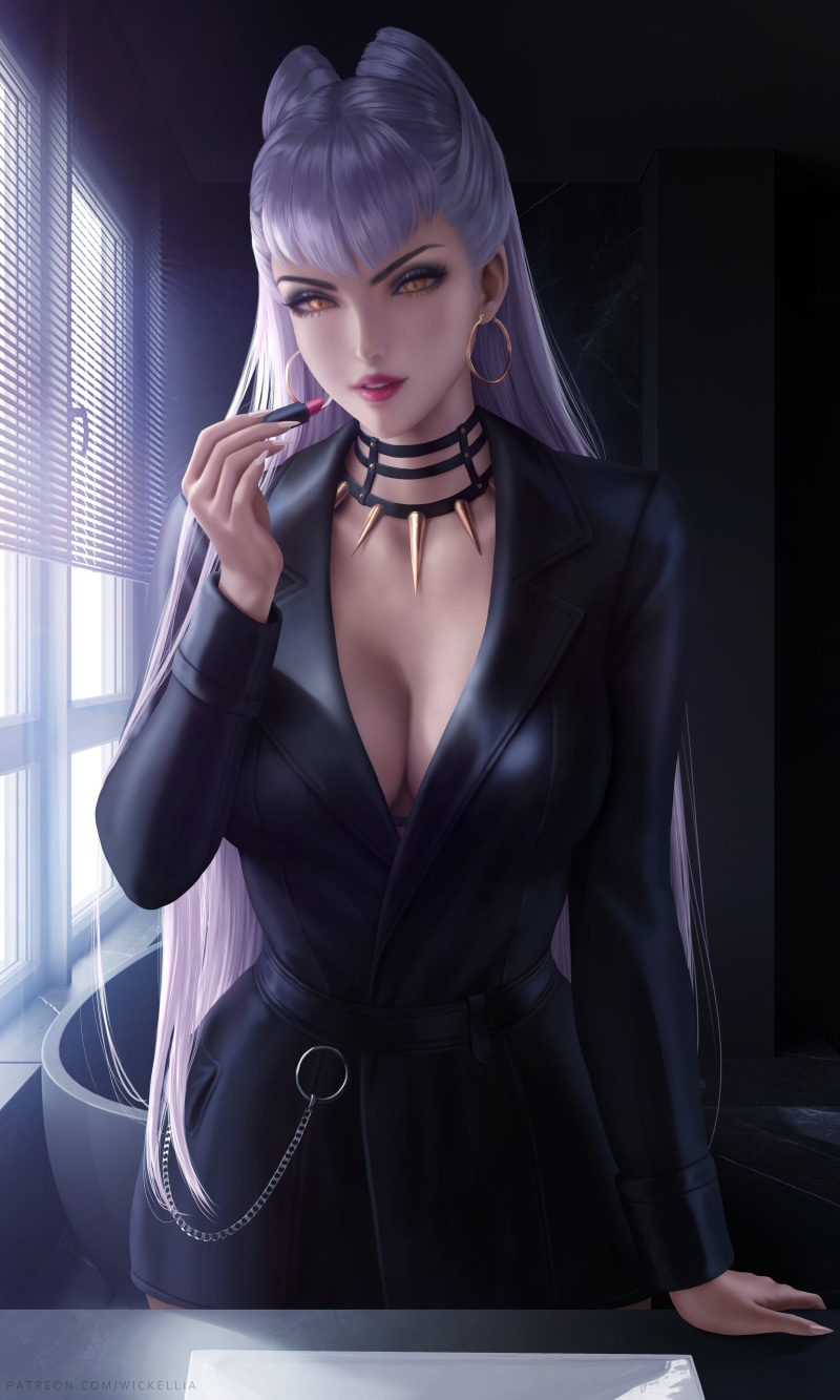 women, Evelynn (League of Legends), fan art, drawing, thighs, purple hair, digital art, fantasy girl, artwork, video game girls, looking at viewer, video games