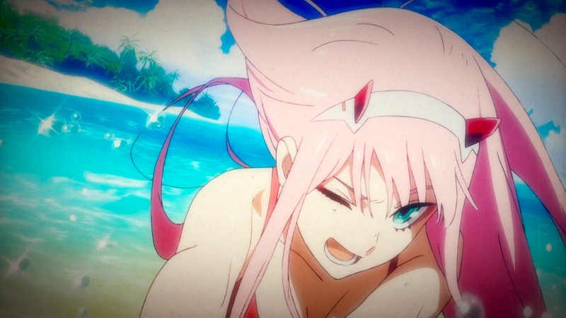 day, sea, hair, character, beautiful woman, 1080P, one person, portrait, Zero Two (Darling in the FranXX), pink, outdoors, digital, headshot, nature, water