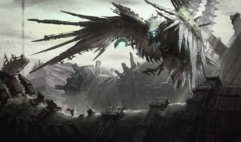 nature, Shadow of the Colossus, art and craft, city, building exterior, cloud - sky, digital, artwork, animal themes, bird, robot, 1080P, fantasy art